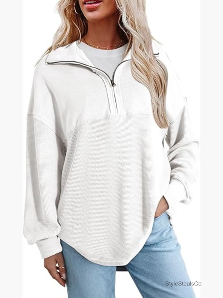 Womens Fall Waffle Knit Half Zip Pullover Oversized Sweatshirt Top